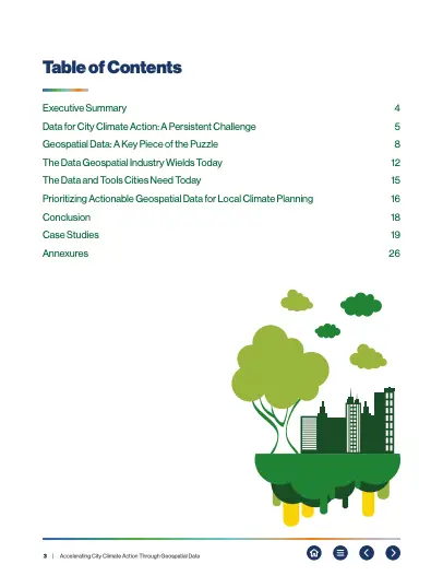 Table of Contents page showing section titles and page numbers on the left, with a green cityscape and trees illustration on the right.