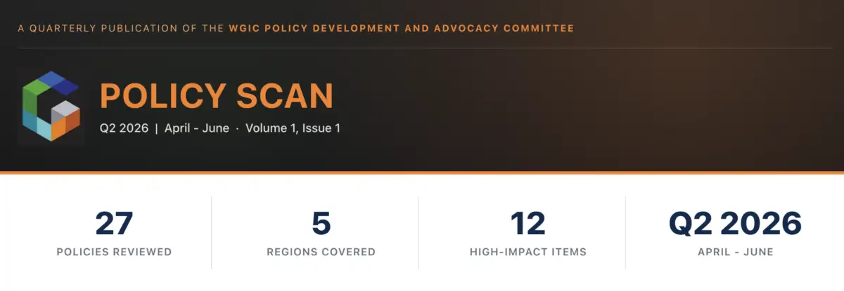 Policy Scan header with logo; highlights Q2 2026 metrics: 27 policies reviewed, 5 regions covered, 12 high-impact items (April–June).
