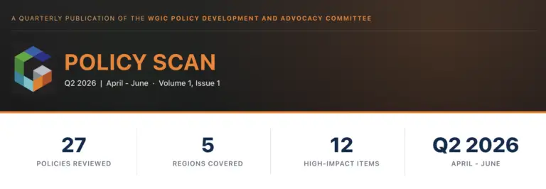Policy Scan header with logo; highlights Q2 2026 metrics: 27 policies reviewed, 5 regions covered, 12 high-impact items (April–June).