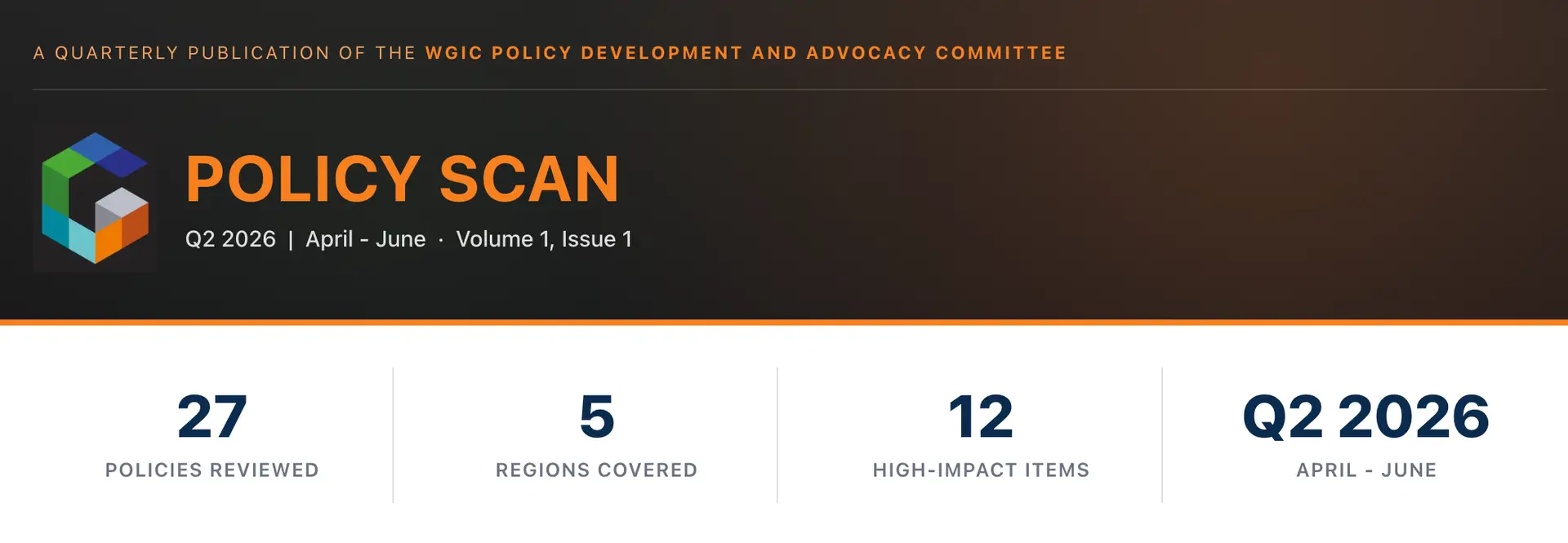 Policy Scan header with logo; highlights Q2 2026 metrics: 27 policies reviewed, 5 regions covered, 12 high-impact items (April–June).