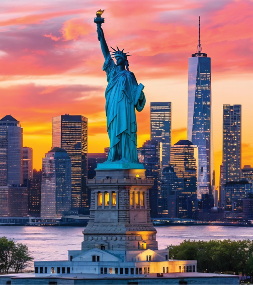 Statue of Liberty with the Manhattan skyline at sunset, orange-pink sky reflecting off buildings behind her.