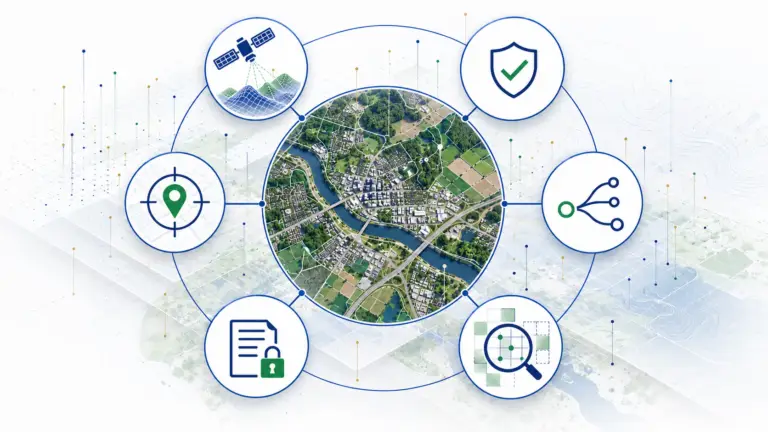 Aerial map surrounded by six connected symbols representing data capture, authenticity, lineage, quality, permissions and fitness for a decision.